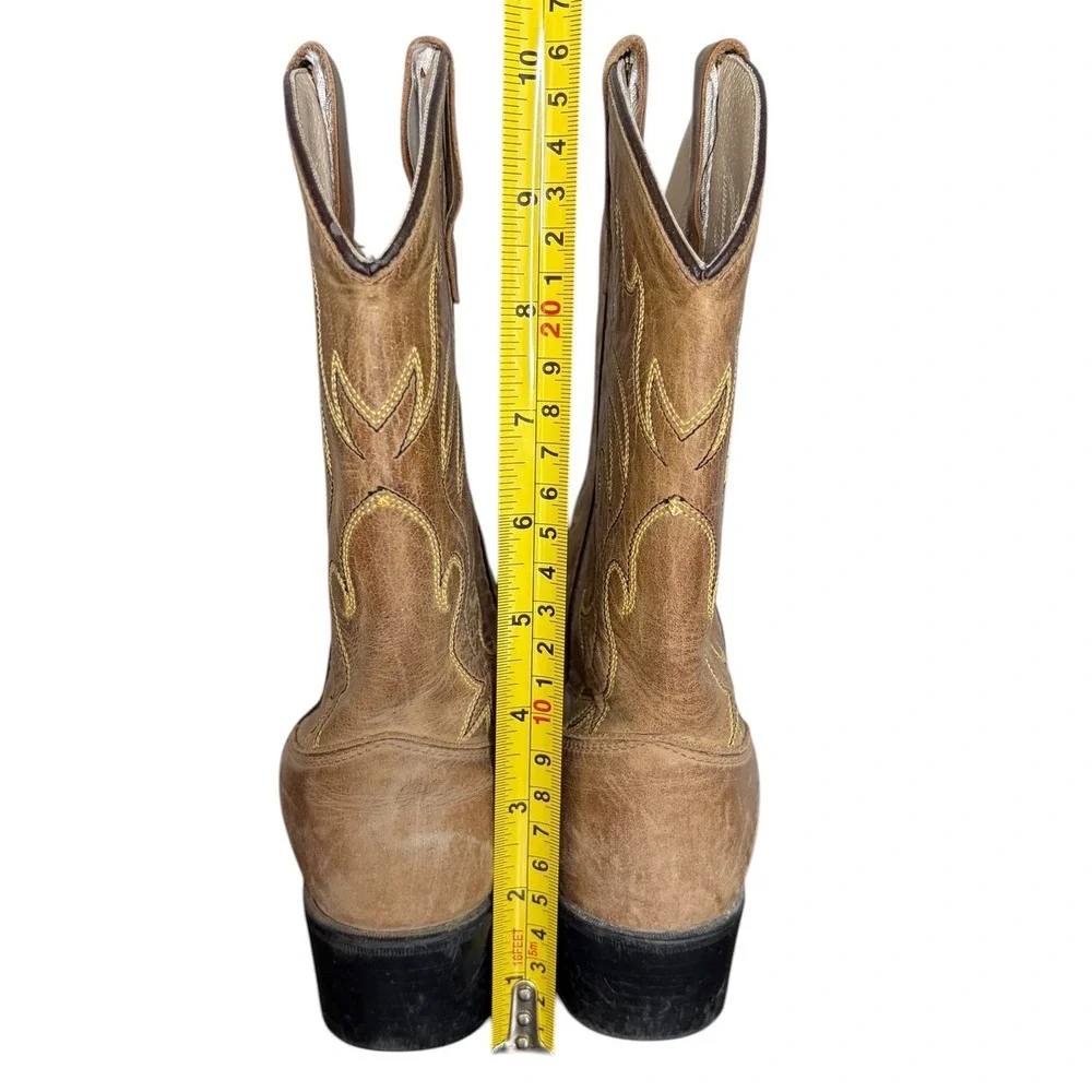 Old West Tan‎ Leather Cowboy Boots Good Stitched Pointed Toe Kids Size 3Y